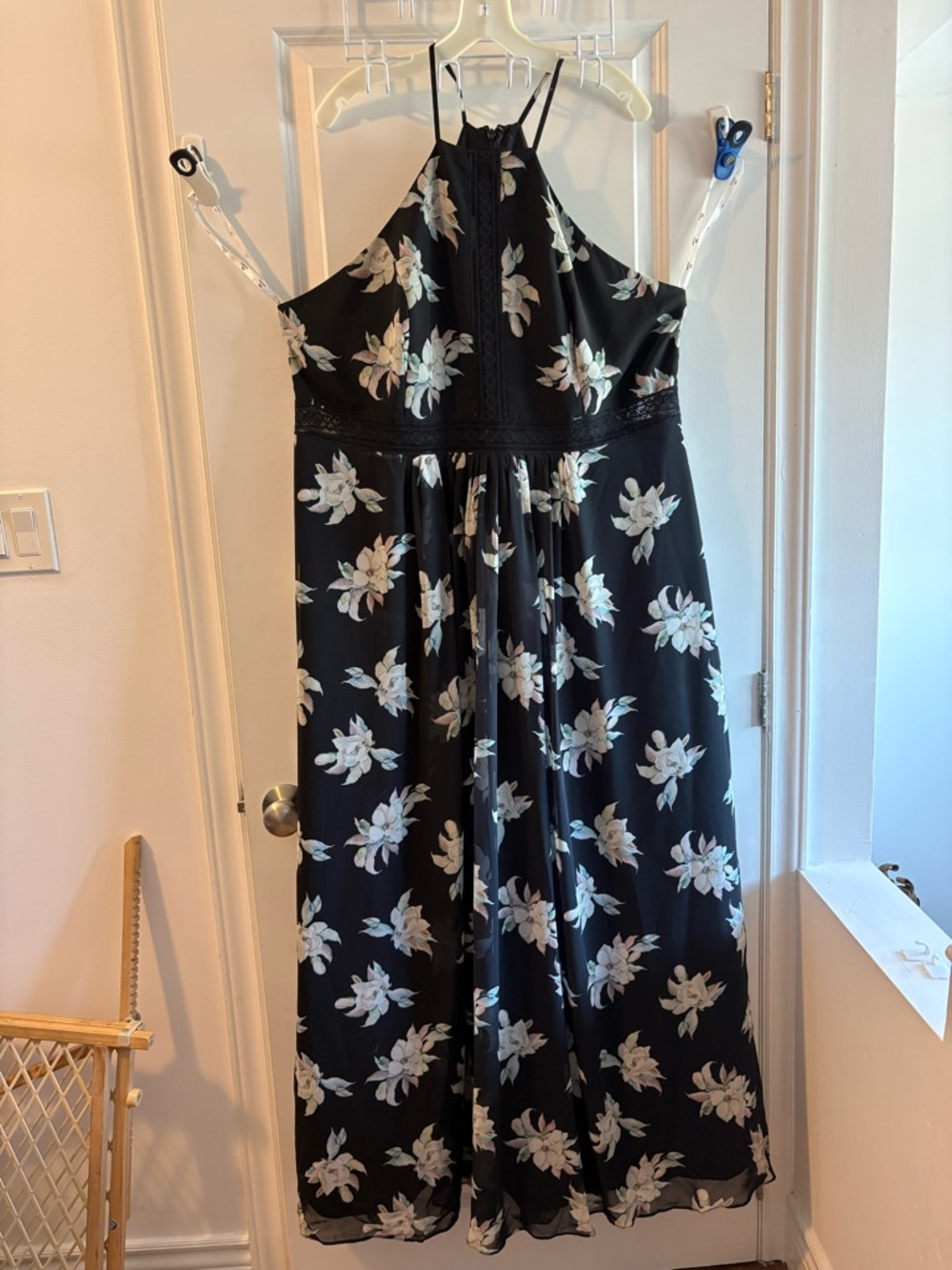 David's Bridal Black Maxi Dress with White Floral Print Accents